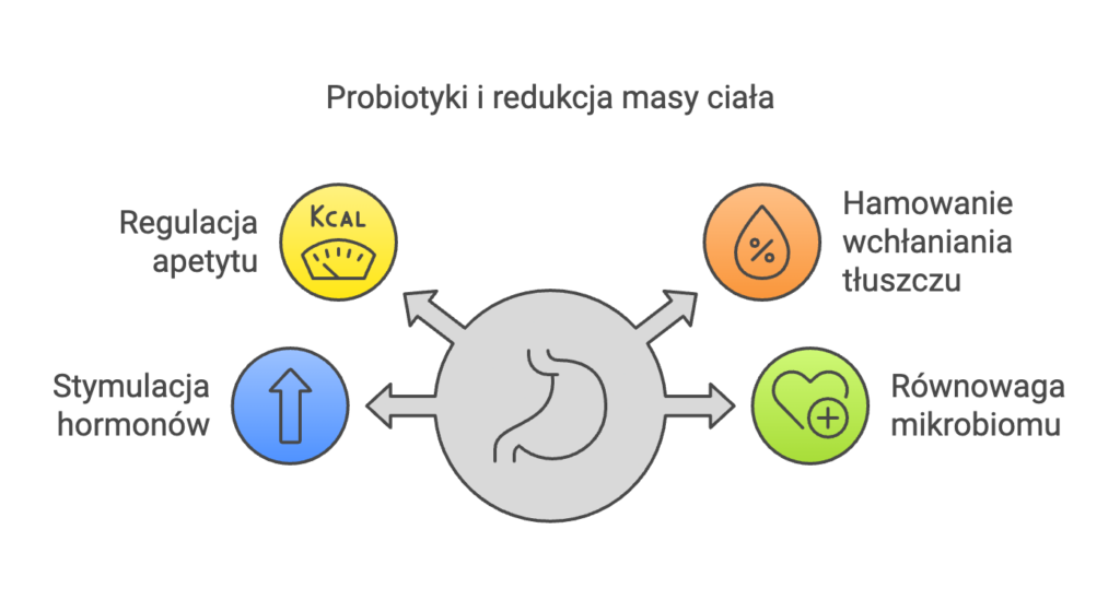 Diagram ukazujący relacje pomiędzy probiotykami a redukcją masy ciała